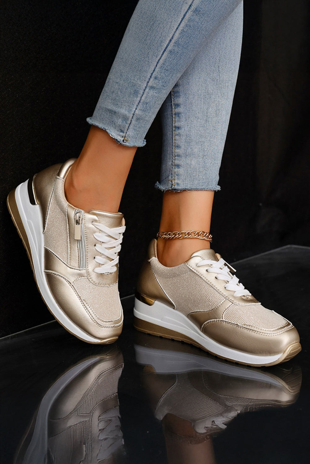 Gold PU Leather Patchwork Zipper Lace Up Sneakers