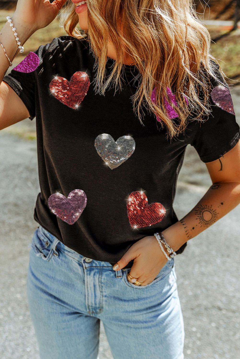 Black Sequin Heart Pattern Crewneck Valentines Tee