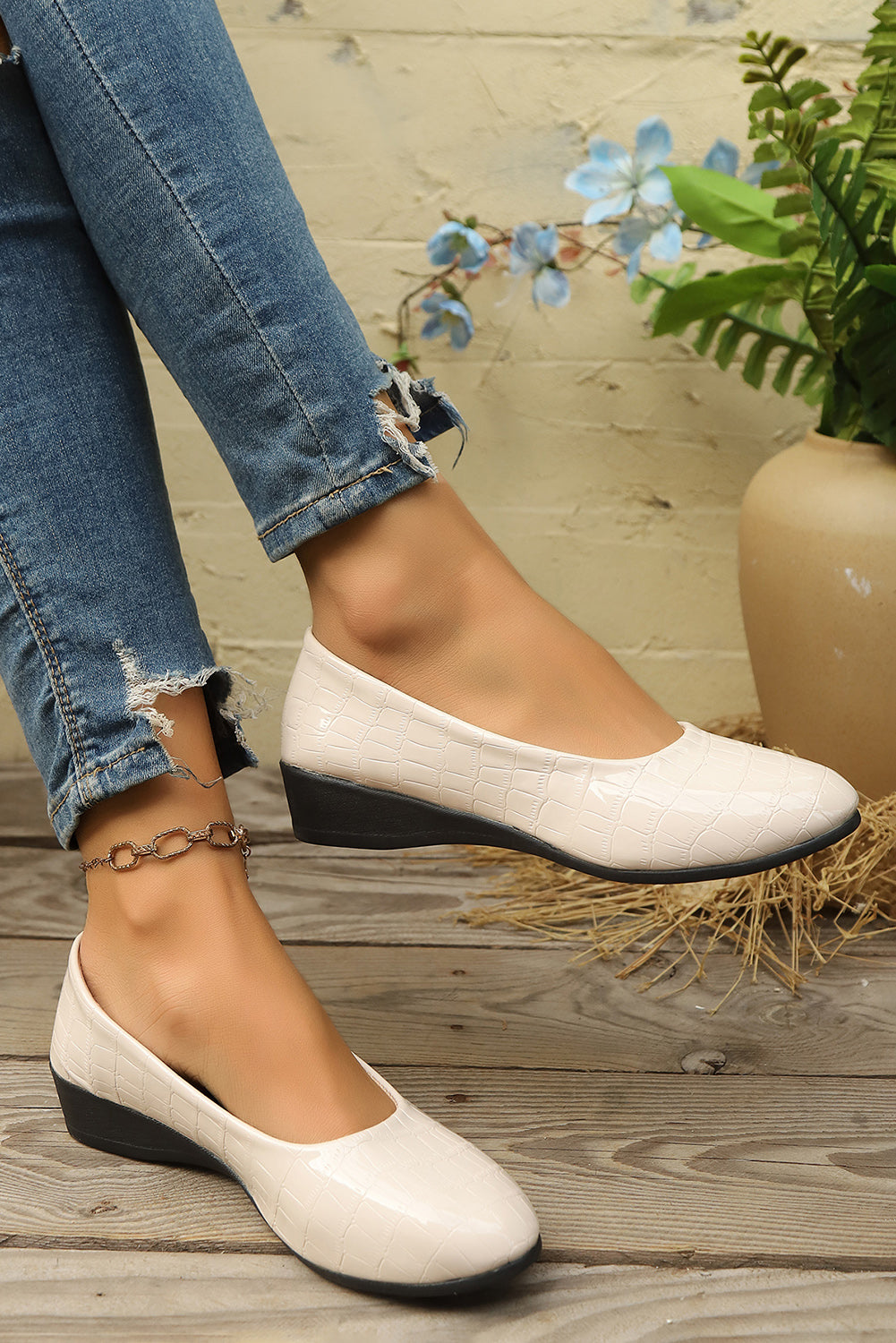 White Textured PU Leather Pointed Toe Wedge Heel Shoes