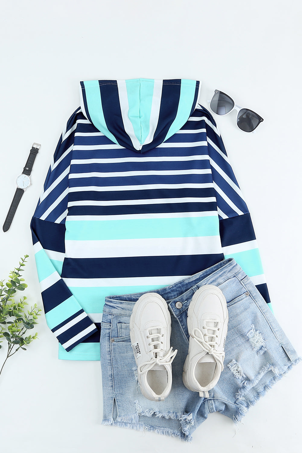 Multicolor Striped Drawstring Pullover Hoodie