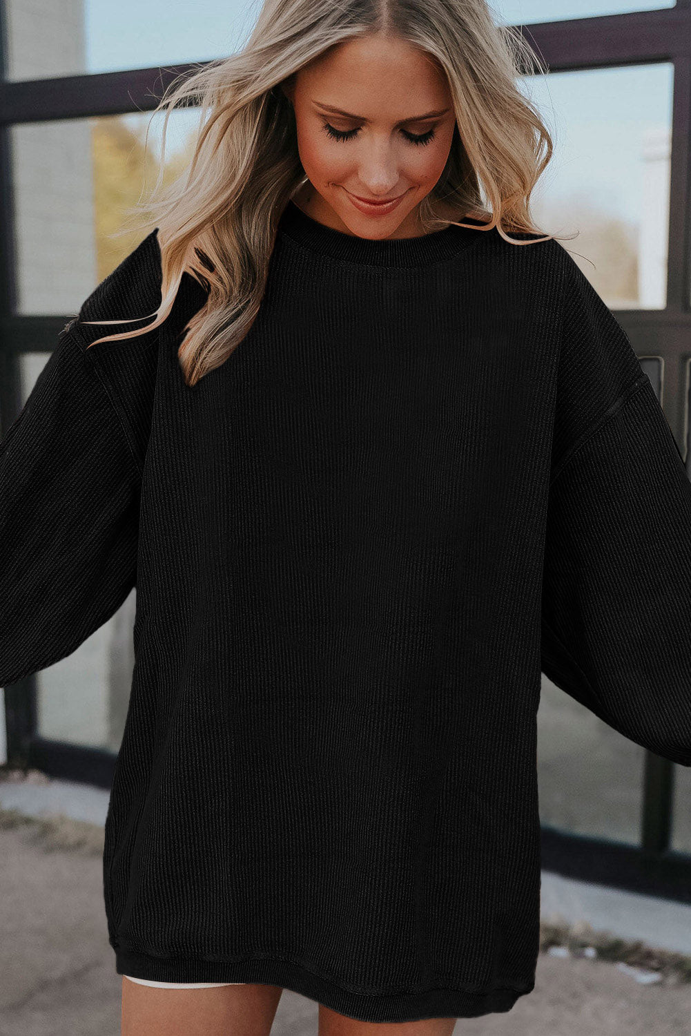 Black Solid Color Crinkle Rib Oversized Sweatshirt