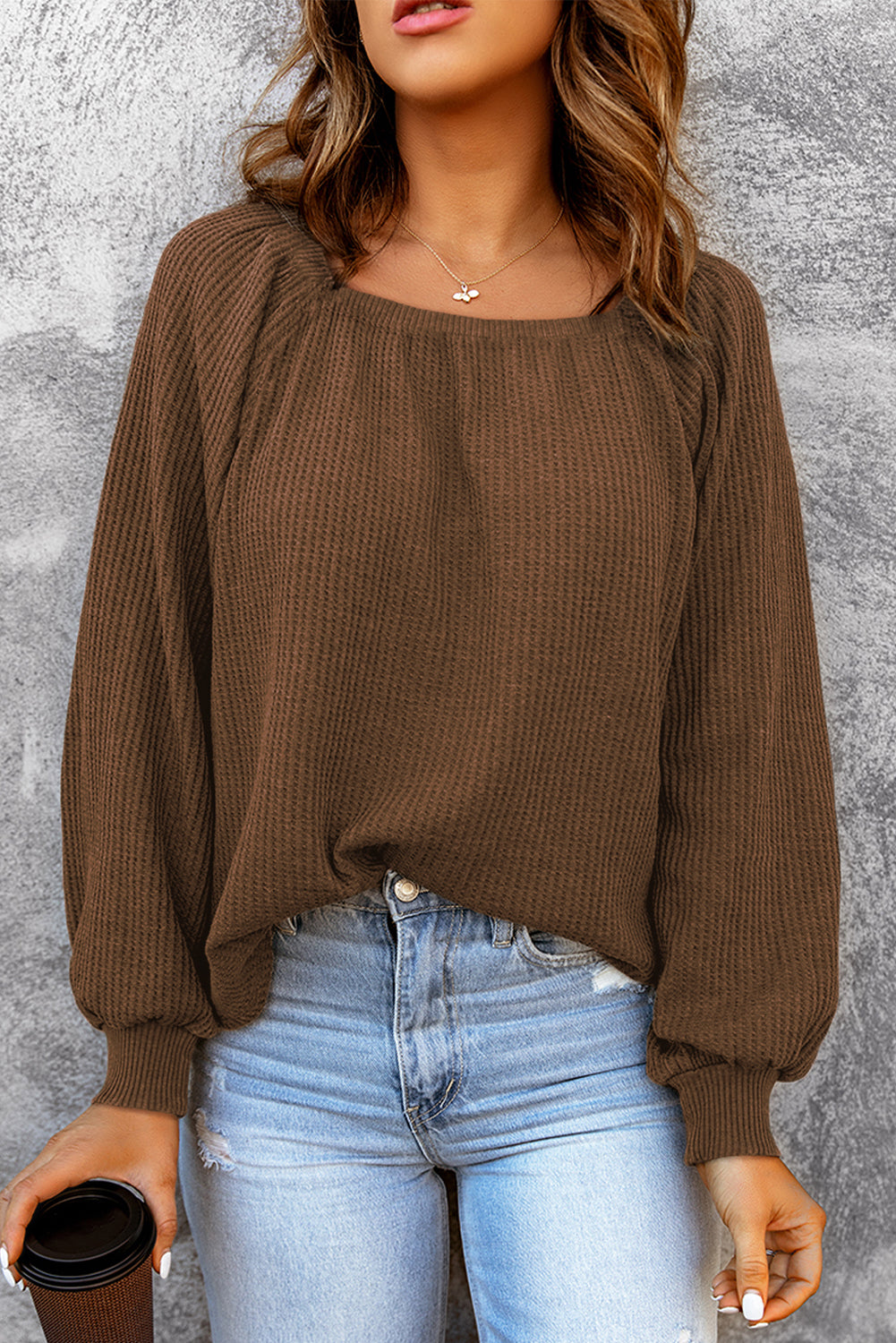 Brown Waffle Texture Casual Square Neck Pullover Top