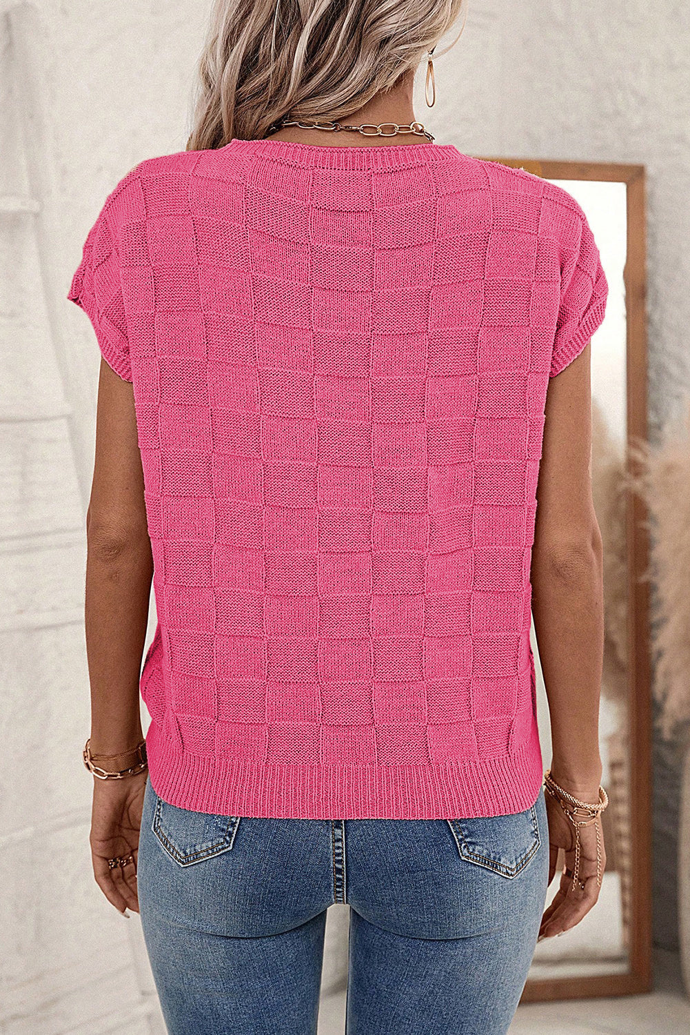 Bright Pink Lattice Textured Knit Chest Pocket Loose Top