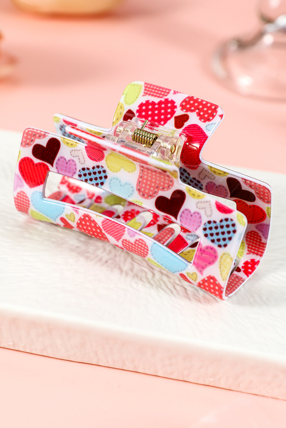 Racing Red Colorful Heart Print Hair Claw Clip