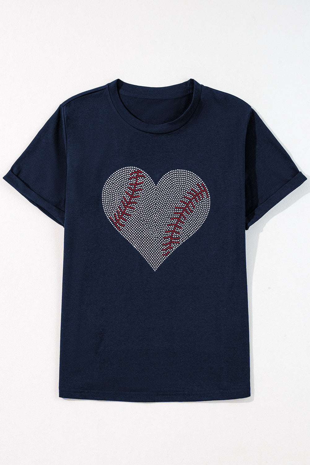 Black Rhinestone Baseball Heart Shape Graphic T Shirt