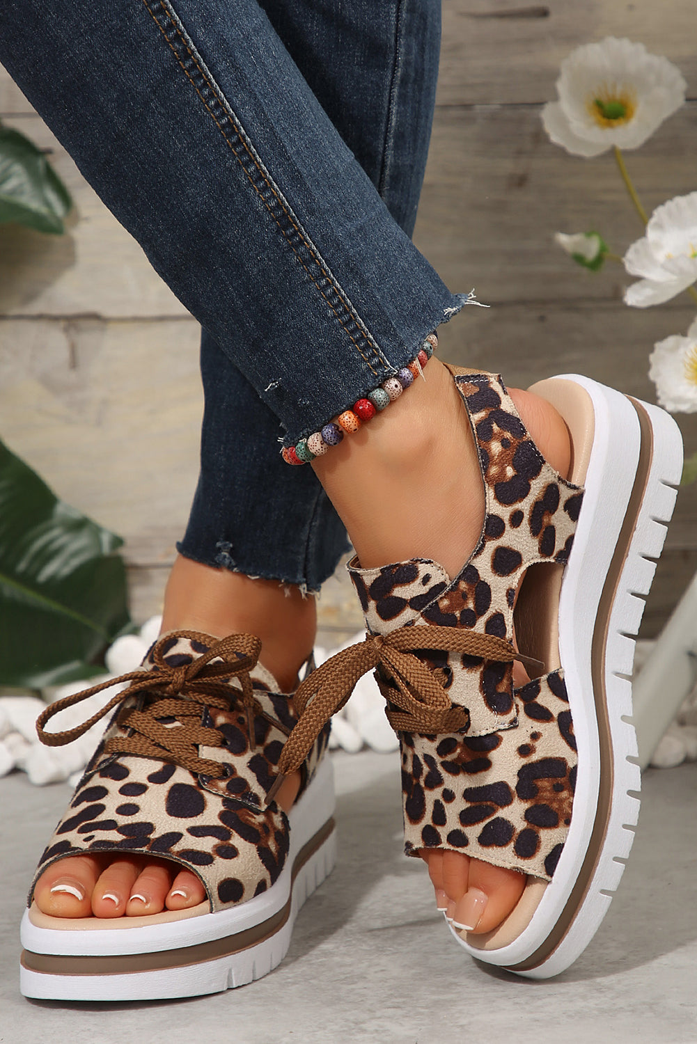 Parchment Leopard Print Hollow Out Lace-up Wedge Sandals