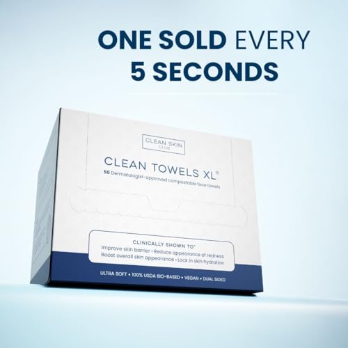 Clean Skin Club Clean Towels XL, 100% USDA Biobased Face Towel, Disposable Face Towelette, Makeup Remover Dry Wipes, Ultra Soft, 50 Ct, 1 Pack