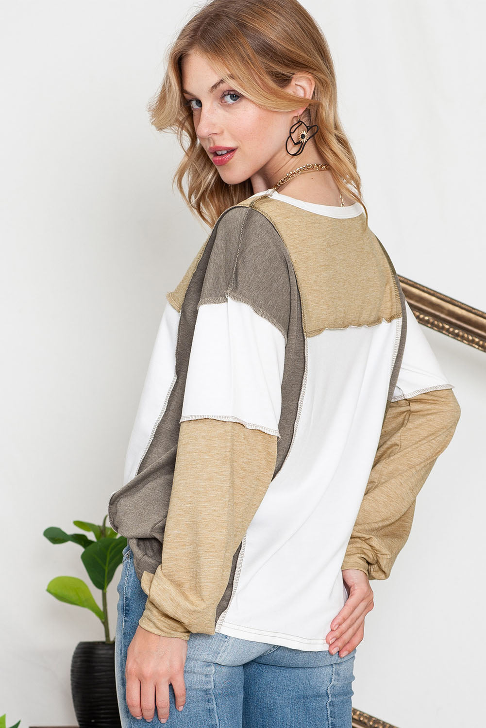 Khaki Color Block Exposed Seam Long Sleeve Top