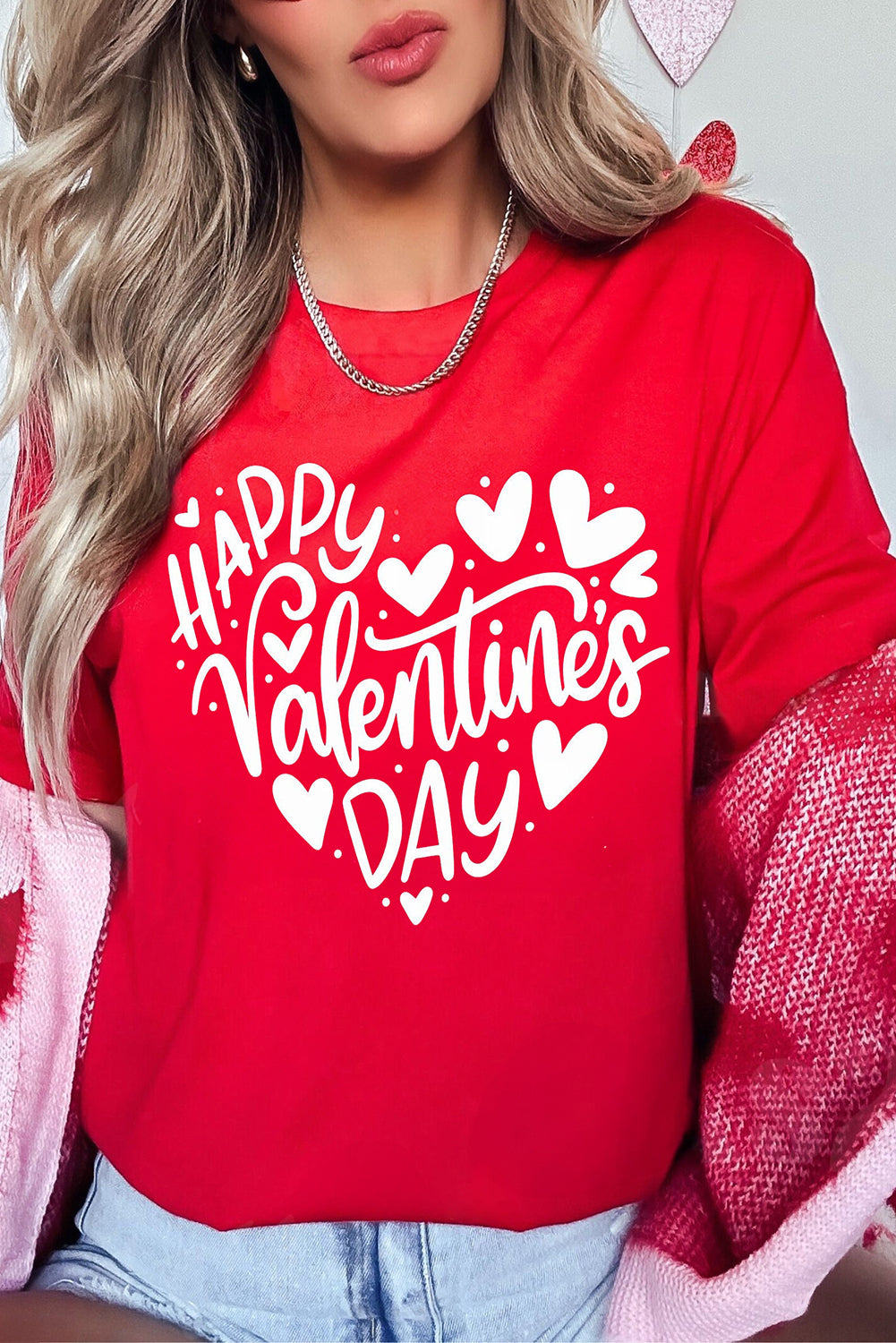 Red HAPPY VALENTINES DAY Slogan Crewneck Tee