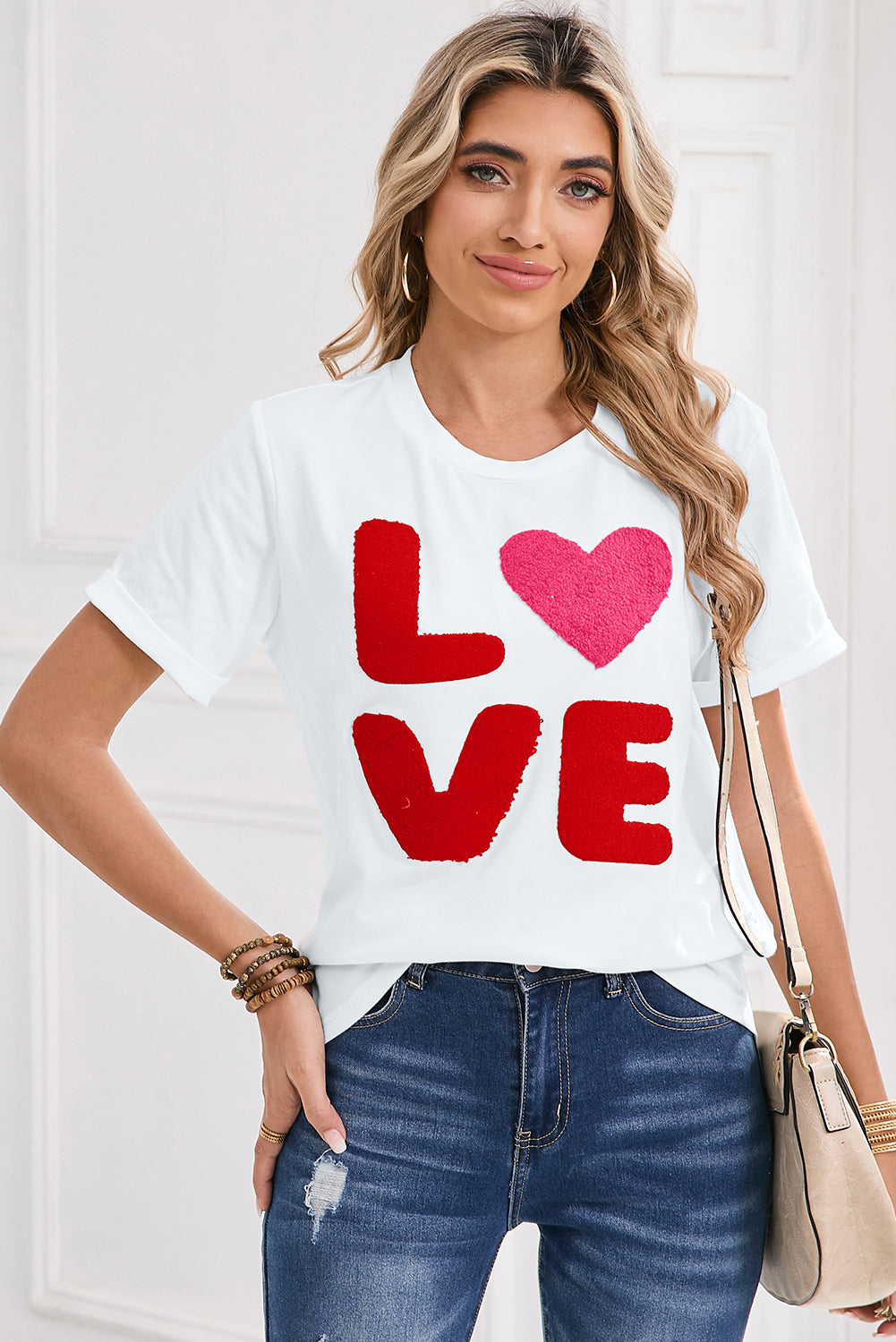 White Heart LOVE Graphic Valentines Crewneck Tee