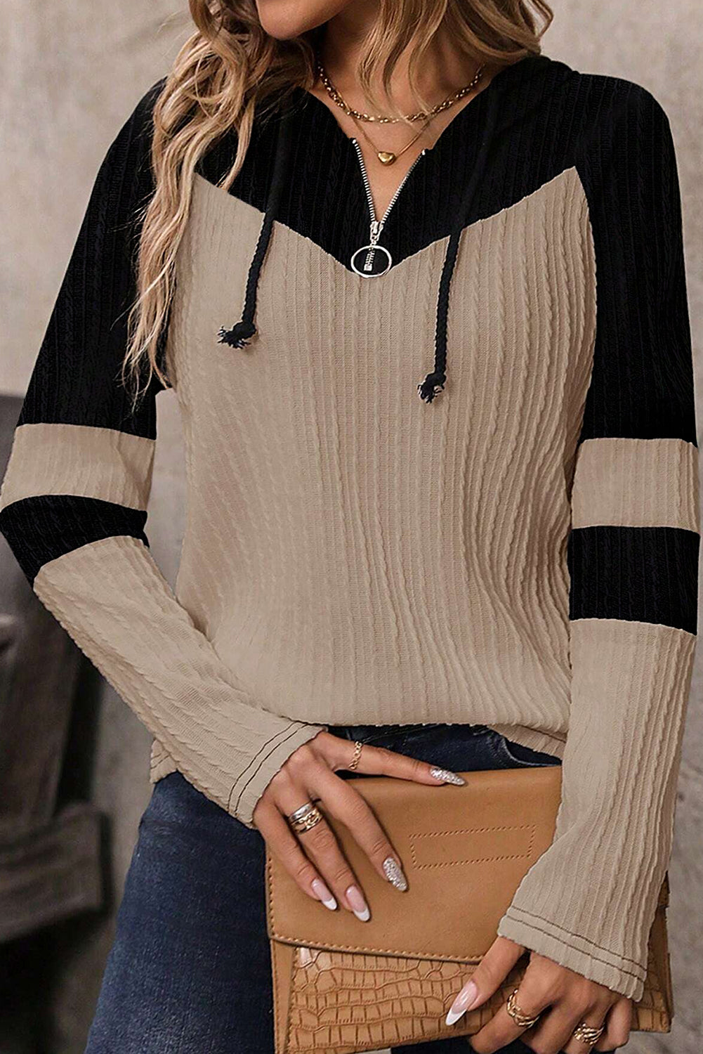 Parchment Textured Patchwork Long Sleeve Hooded Top