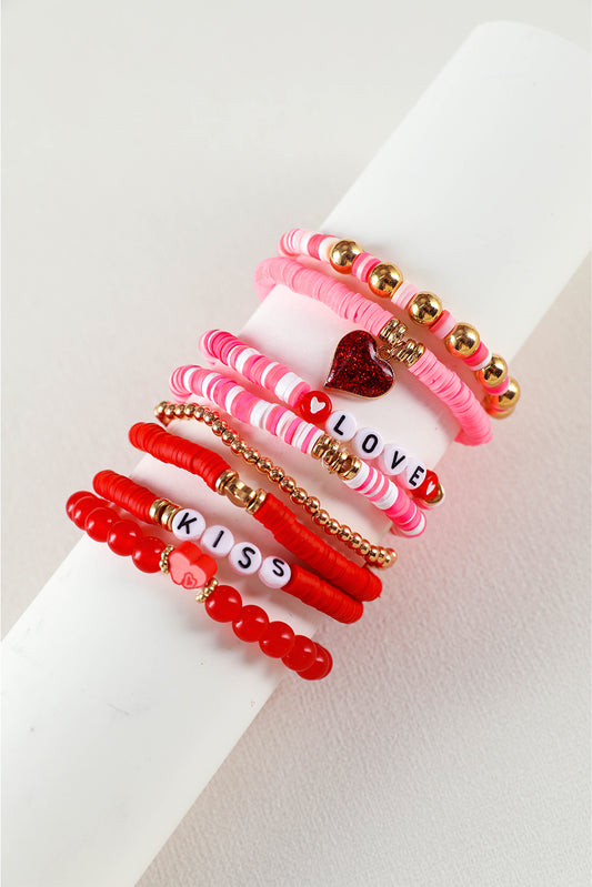 Pink Valentines LOVE KISS Heart Shape Beaded Bracelet Set