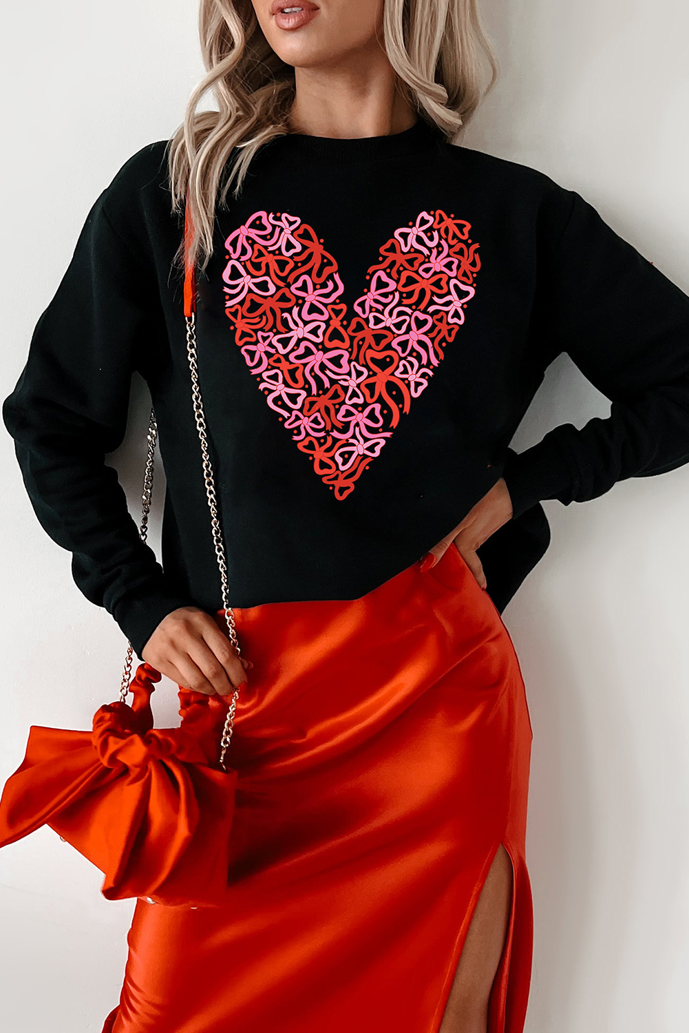 Black Bowknot Heart Printed Crewneck Valentines Sweatshirt