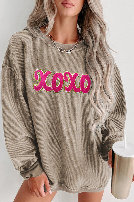 Khaki Corded xoxo Chenille Glitter Patches Graphic Sweatshirt