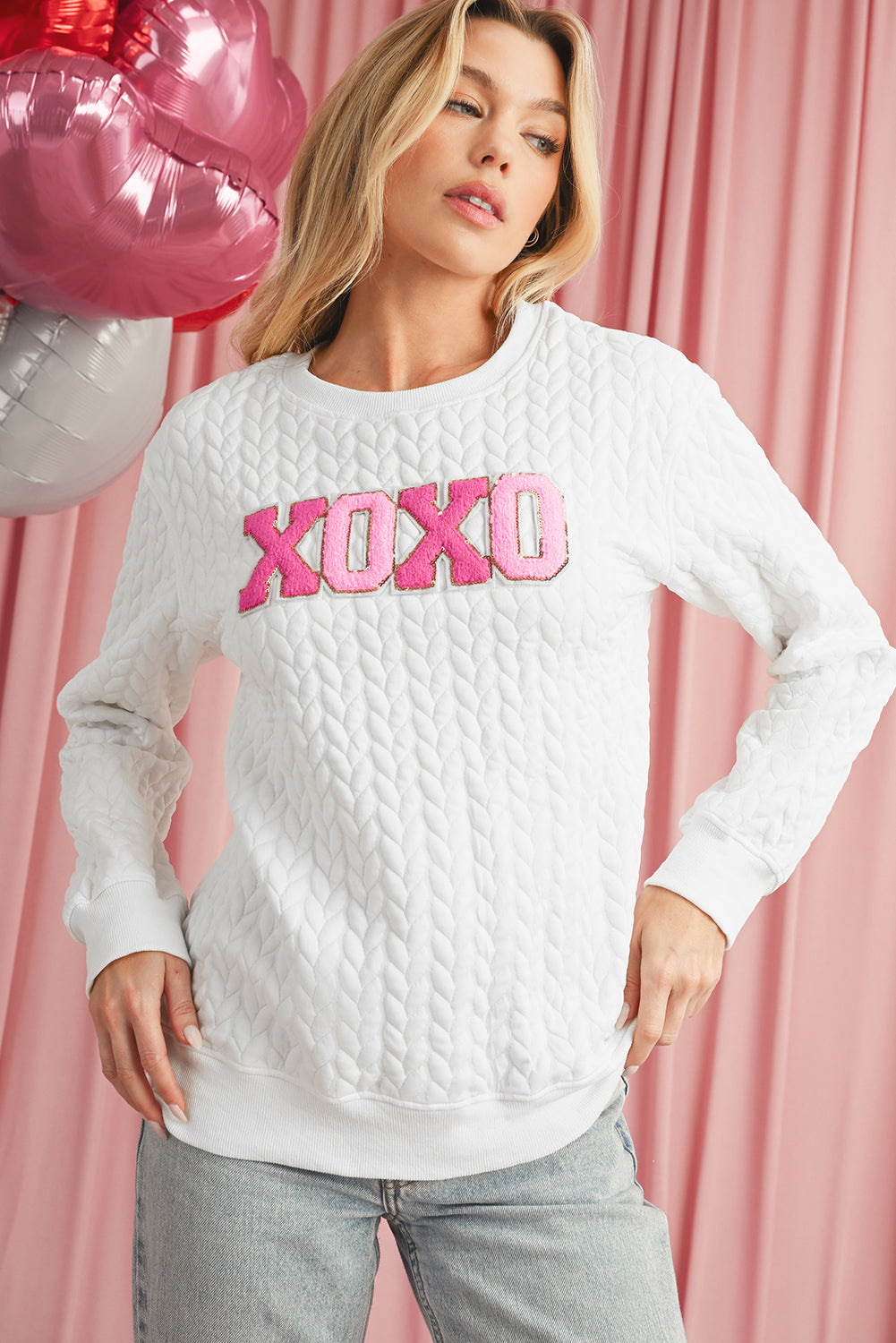 White XOXO Chenille Letter Patch Quilted Sweatshirt