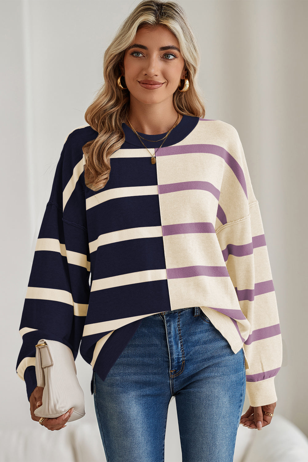 Blue Stripe Exposed Seam Patchwork Loose Sweatshirts