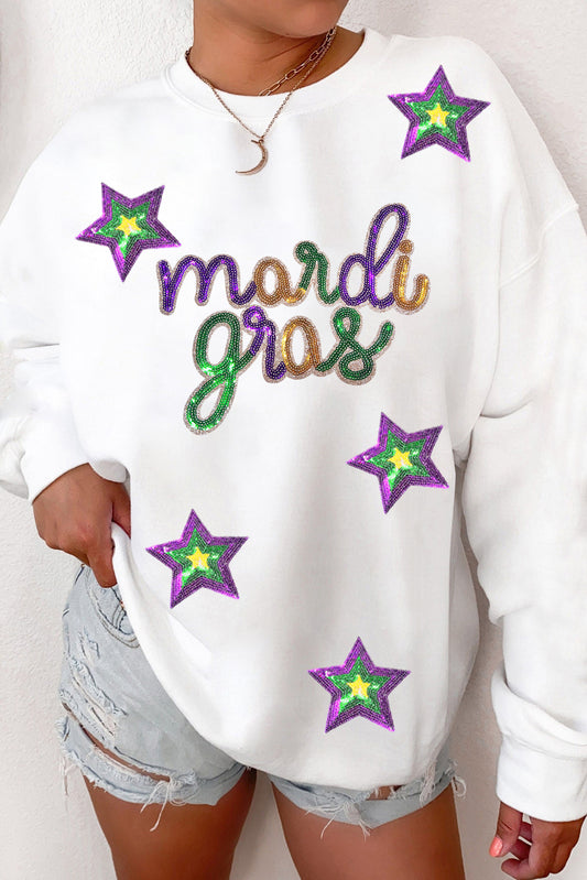 Sweat-shirt à épaules tombantes et motif étoiles Mardi Gras à sequins blancs