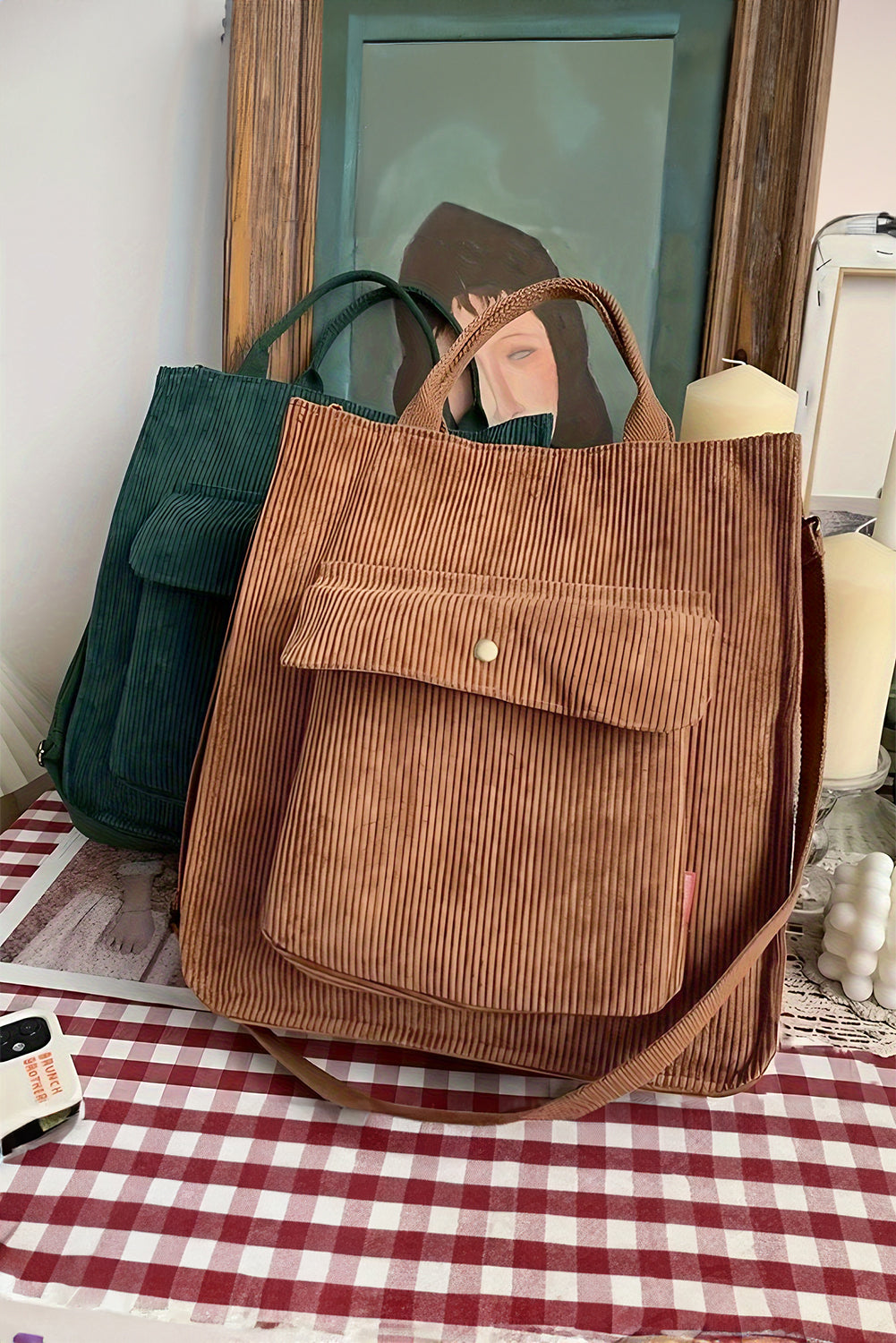 Chestnut Detachable Shoulder Strap Versatile Corduroy Tote Bag