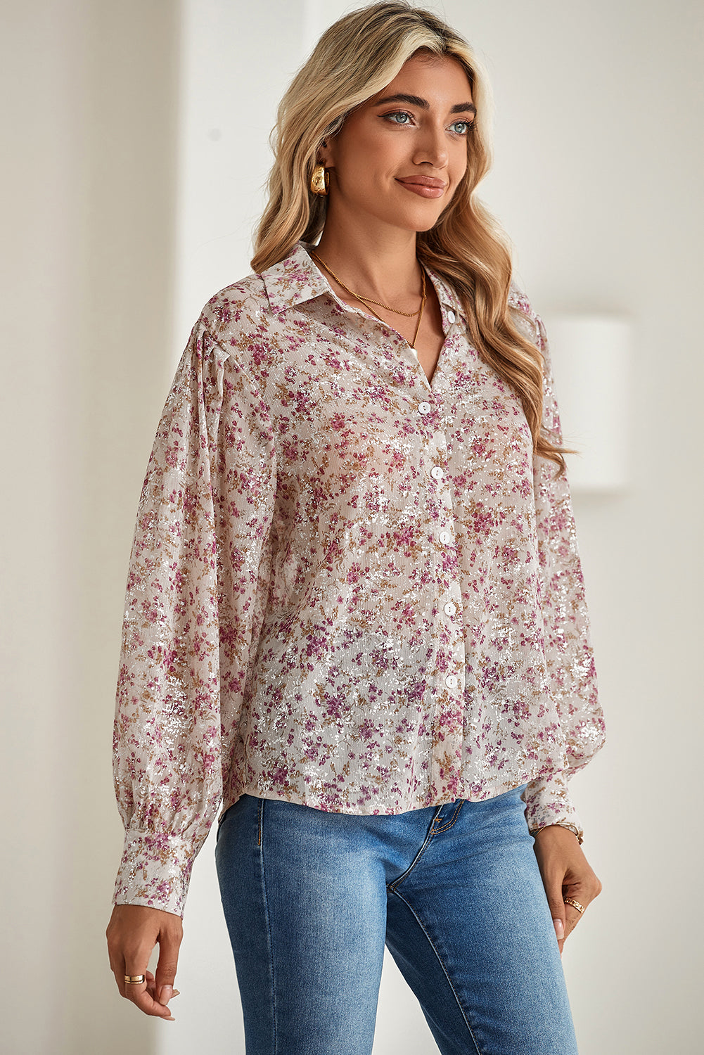 Pink Ditsy Floral Print Bishop Sleeve Collared V Neck Shirt