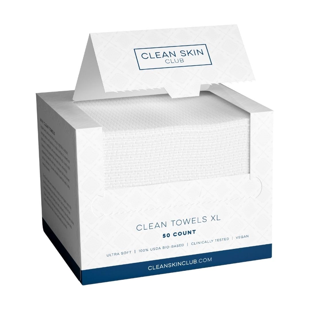 Clean Skin Club Clean Towels XL, 100% USDA Biobased Face Towel, Disposable Face Towelette, Makeup Remover Dry Wipes, Ultra Soft, 50 Ct, 1 Pack