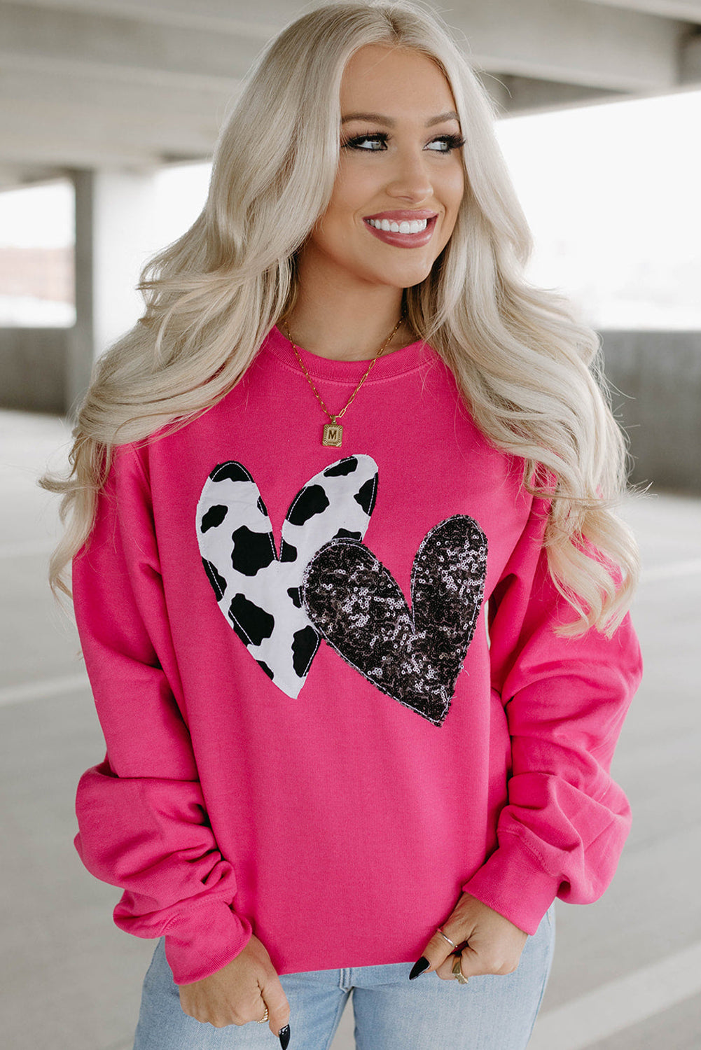 Strawberry Pink Sequins Heart Patch Graphic Sweatshirt