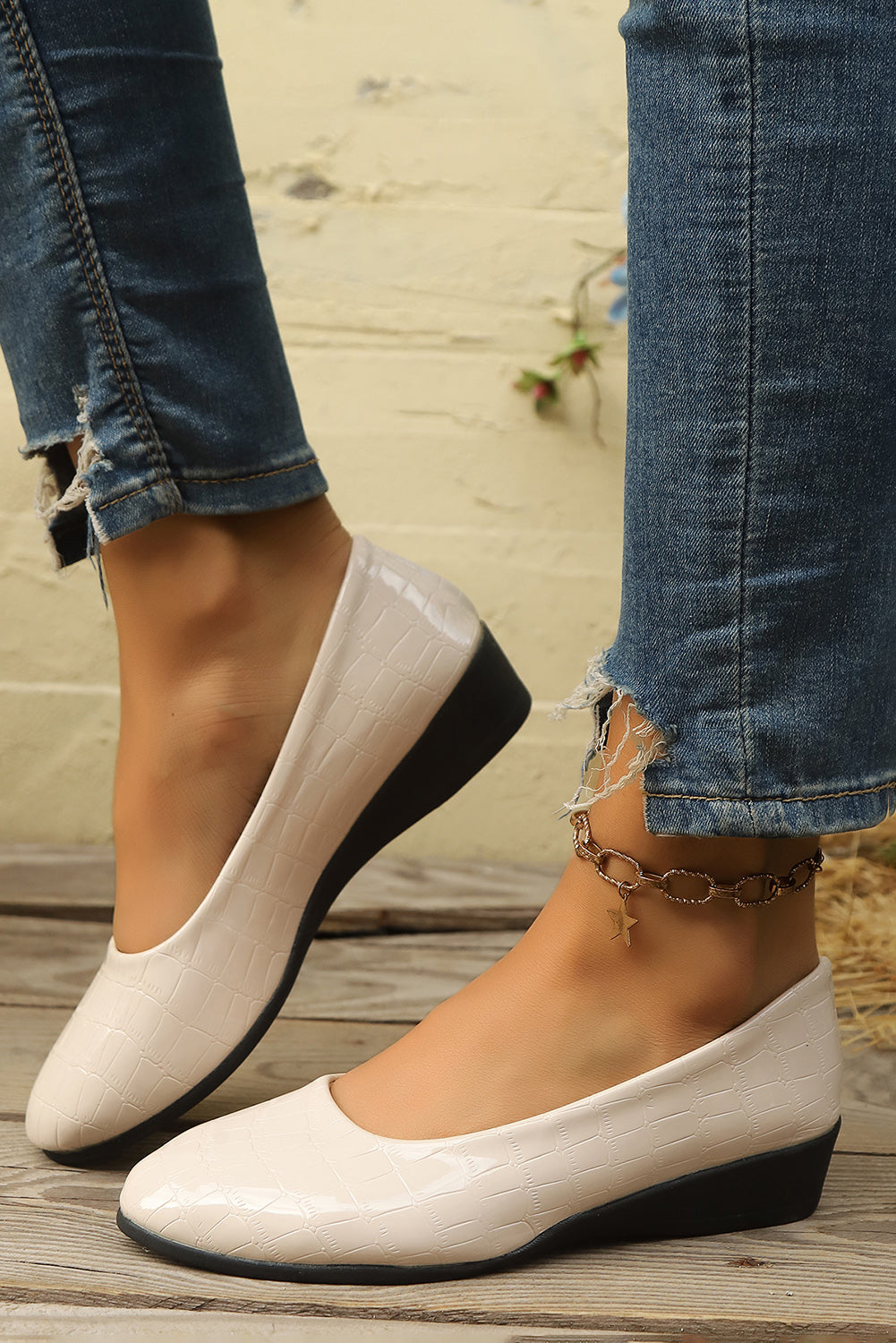 White Textured PU Leather Pointed Toe Wedge Heel Shoes