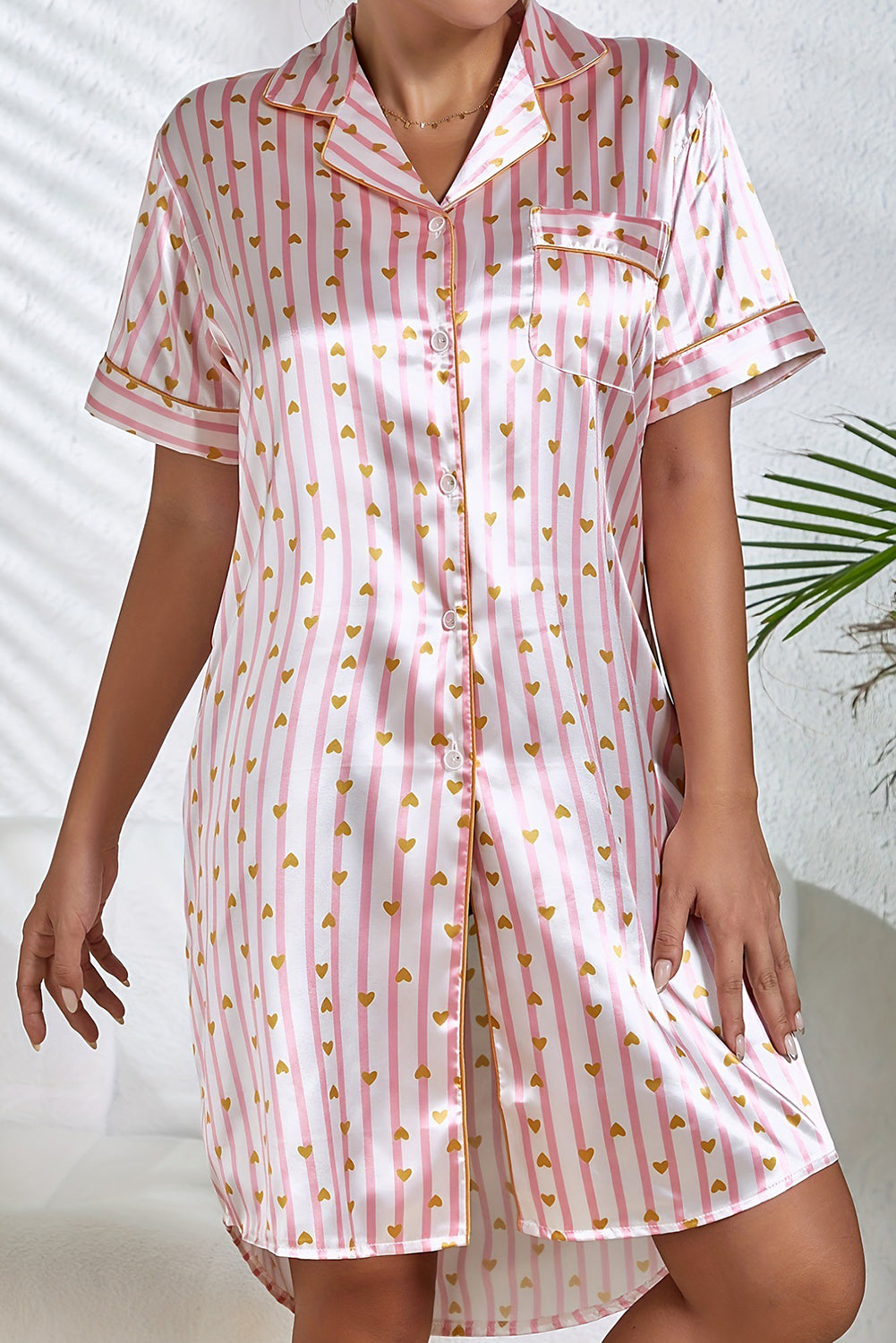 Pink Heart Print Striped Short Sleeve Button Up Pajama Dress