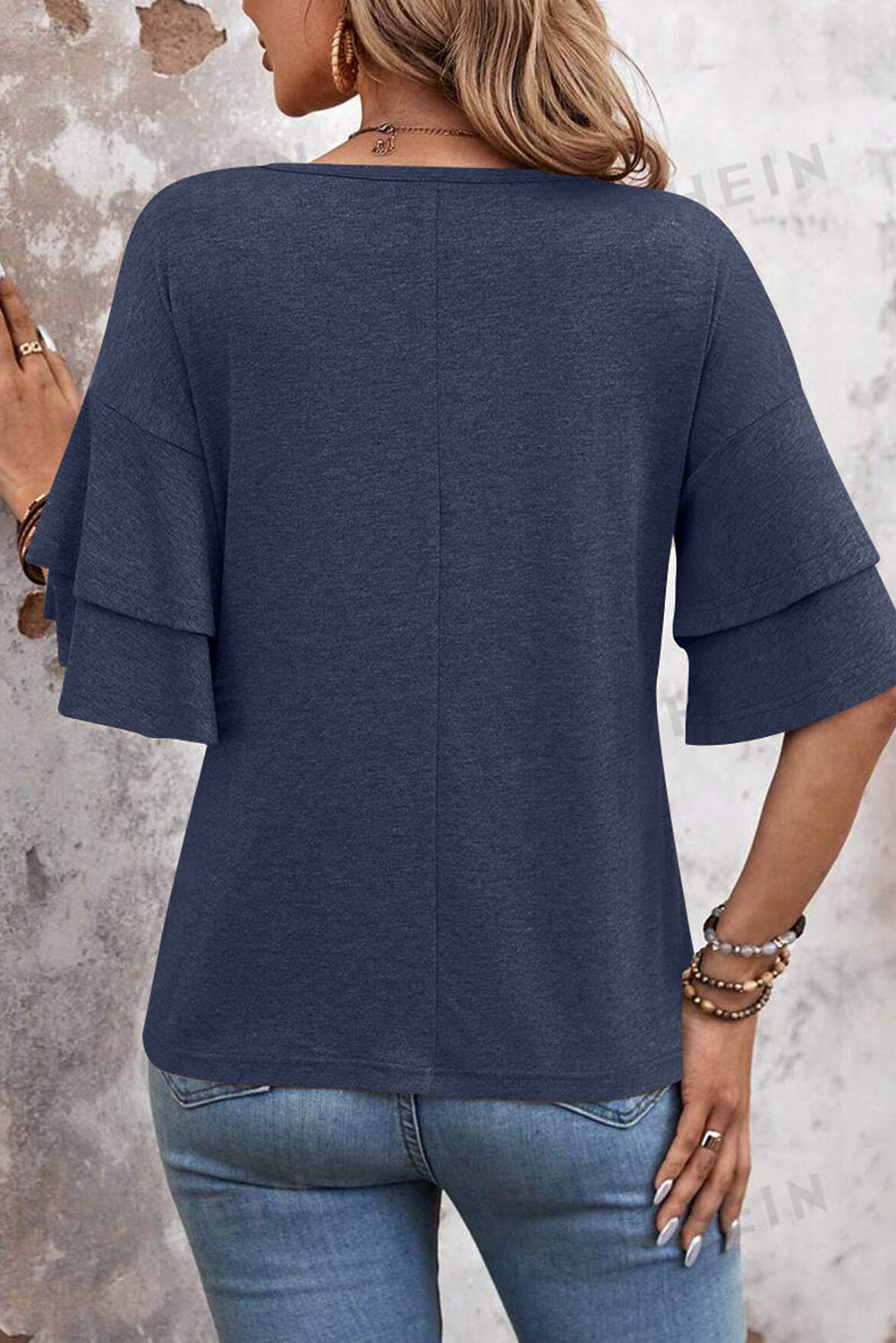 Sail Blue Solid Color V Neck Layered Sleeve Loose T-Shirt