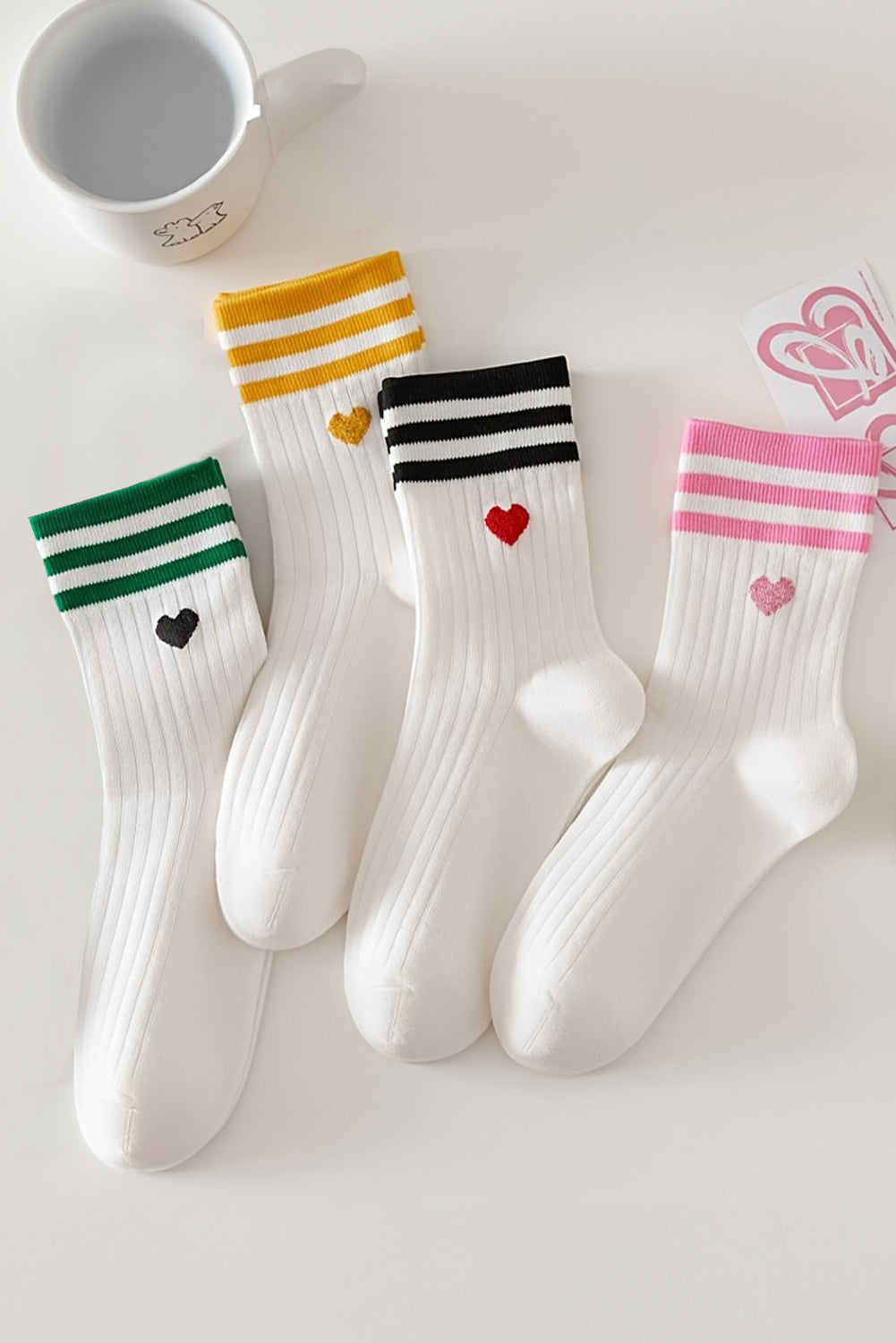 White Heart Striped Cotton Crew Socks 4pcs