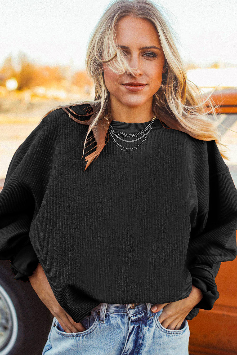 Black Solid Color Crinkle Rib Oversized Sweatshirt