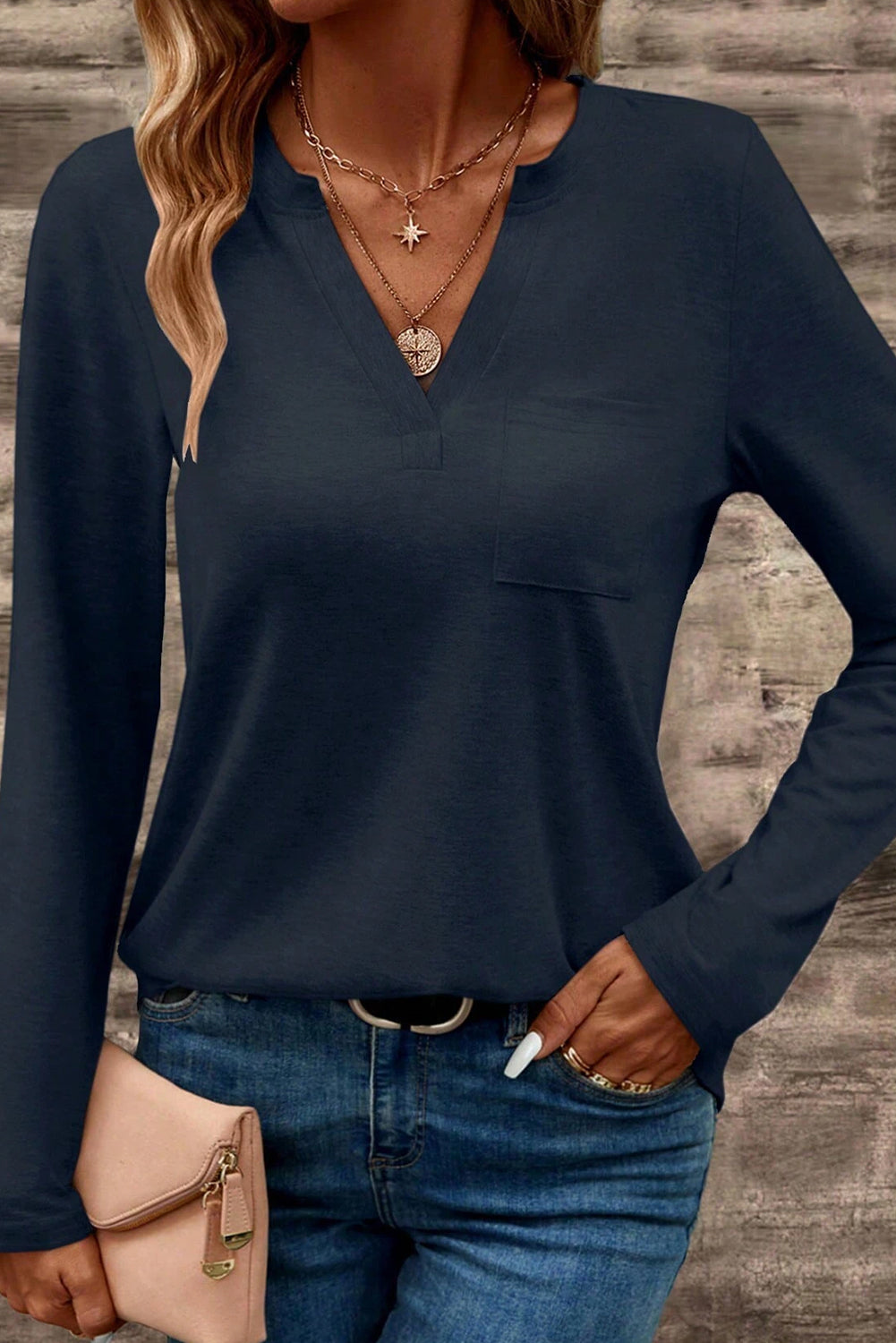 Dirty Blue Pocketed Notch V Neck Plain Top