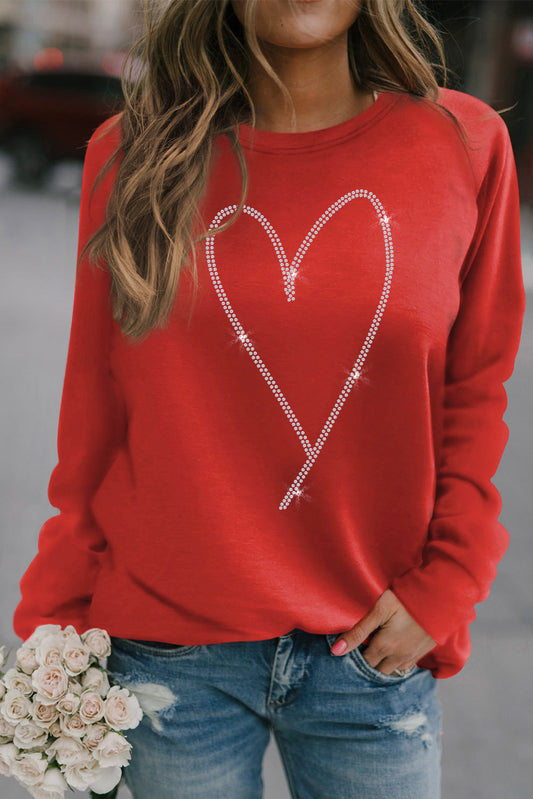 Red Casual Rhinestone Heart Shaped Graphic Sweatshirt