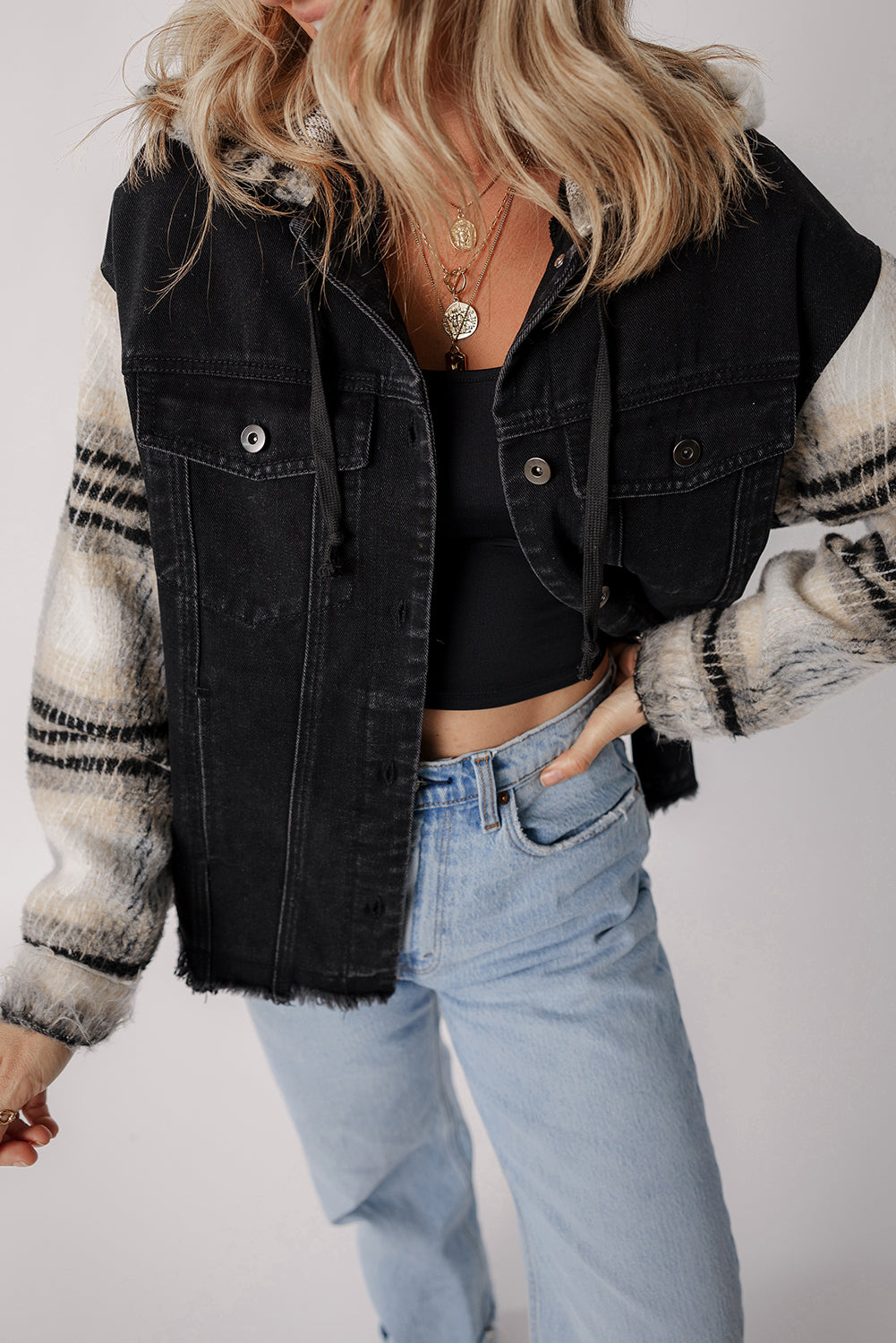 Black Patchwork Plaid Sleeve Frayed Hem Hooded Denim Jacket