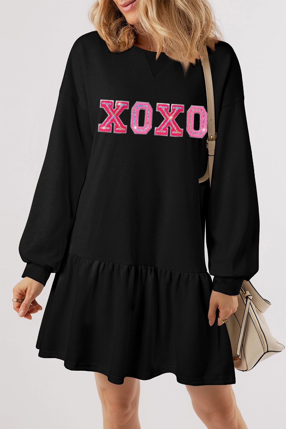 Black XOXO Valentine Graphic Ruffled Sweatshirt Mini Dress