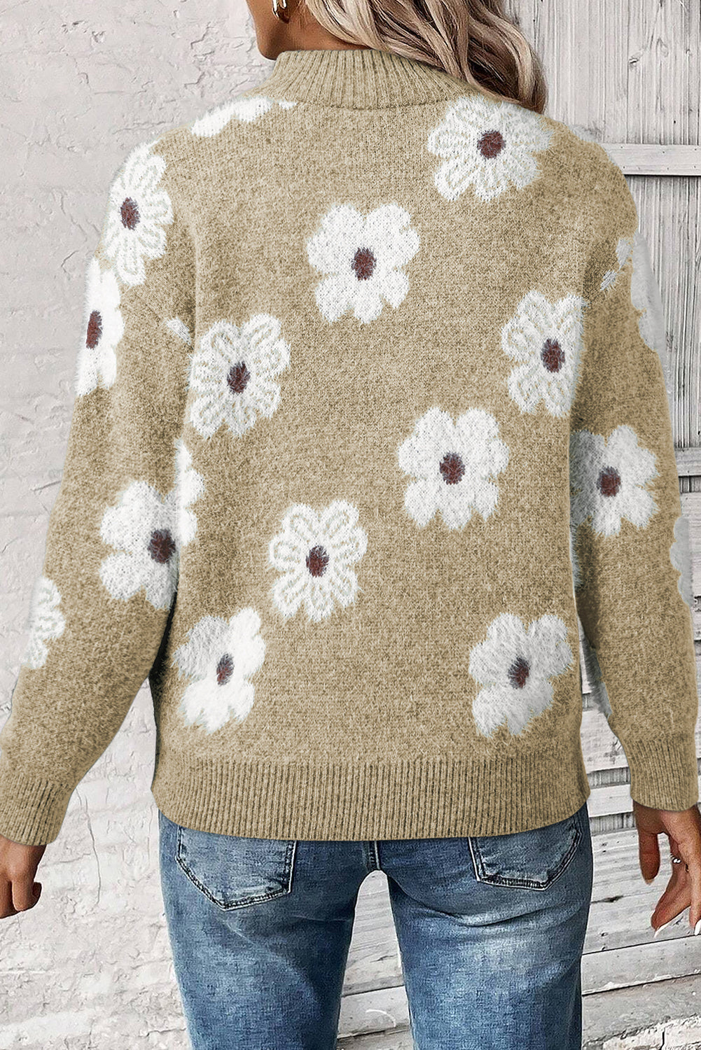 Pull gris vintage à motif floral des années 60 avec col demi-zippé et épaules tombantes