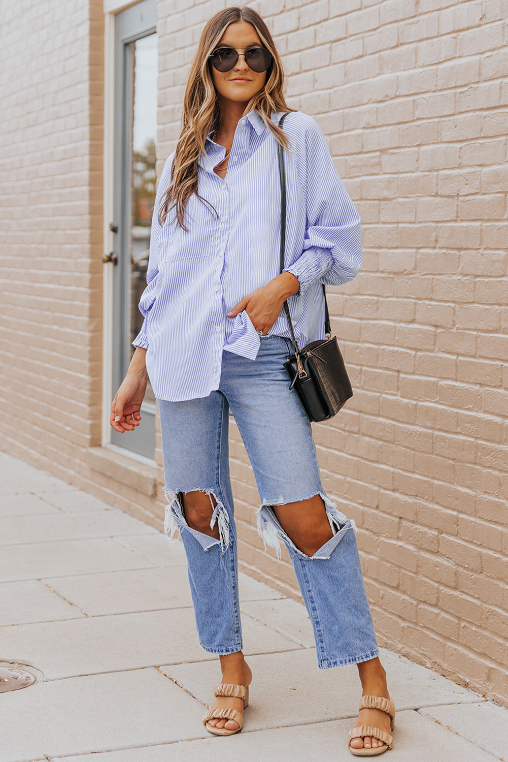 Light Blue Casual Striped Shirred Cuffs Shirt