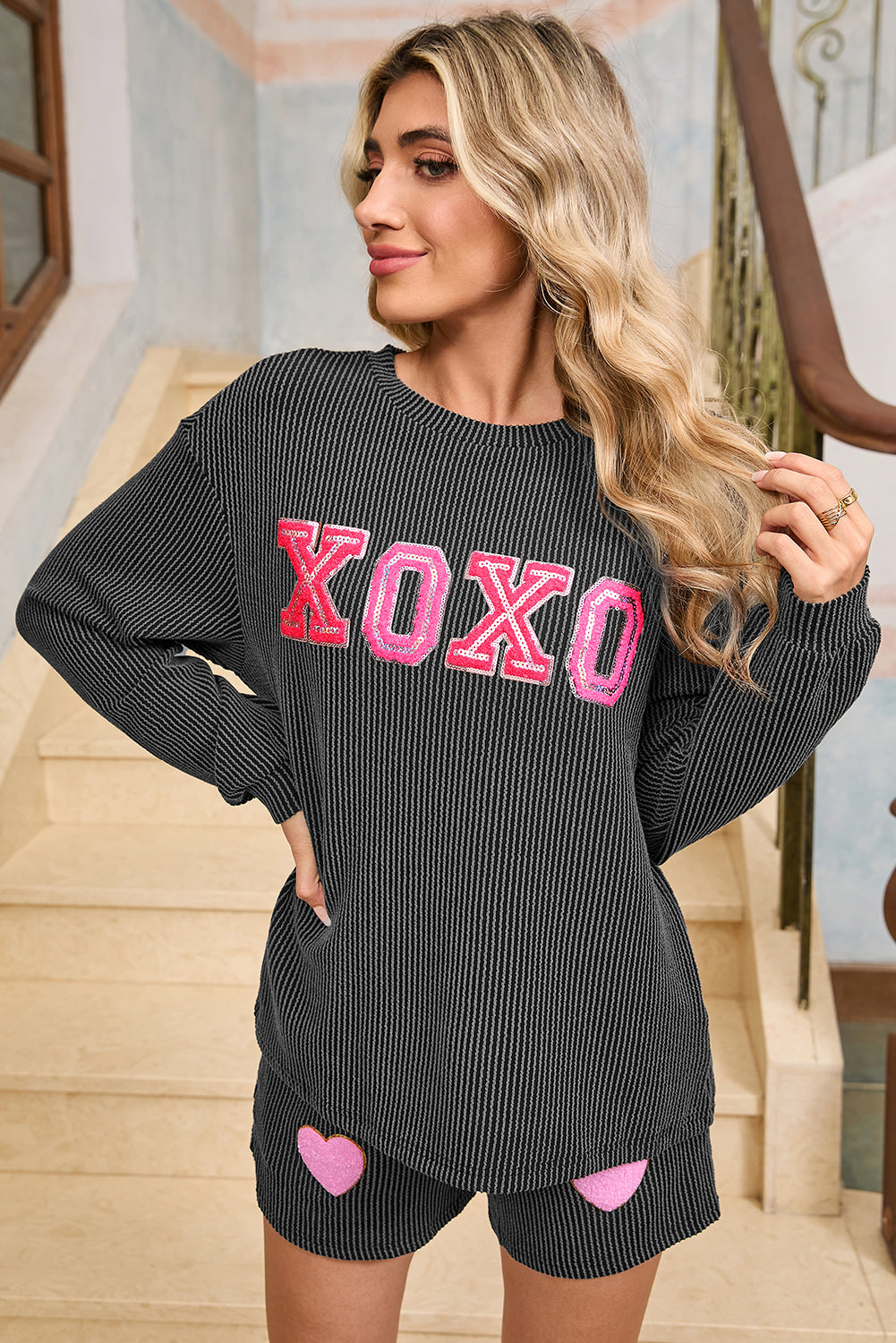 Carbon Grey XOXO Heart Patched Pattern Long Sleeve Corded Shorts Set