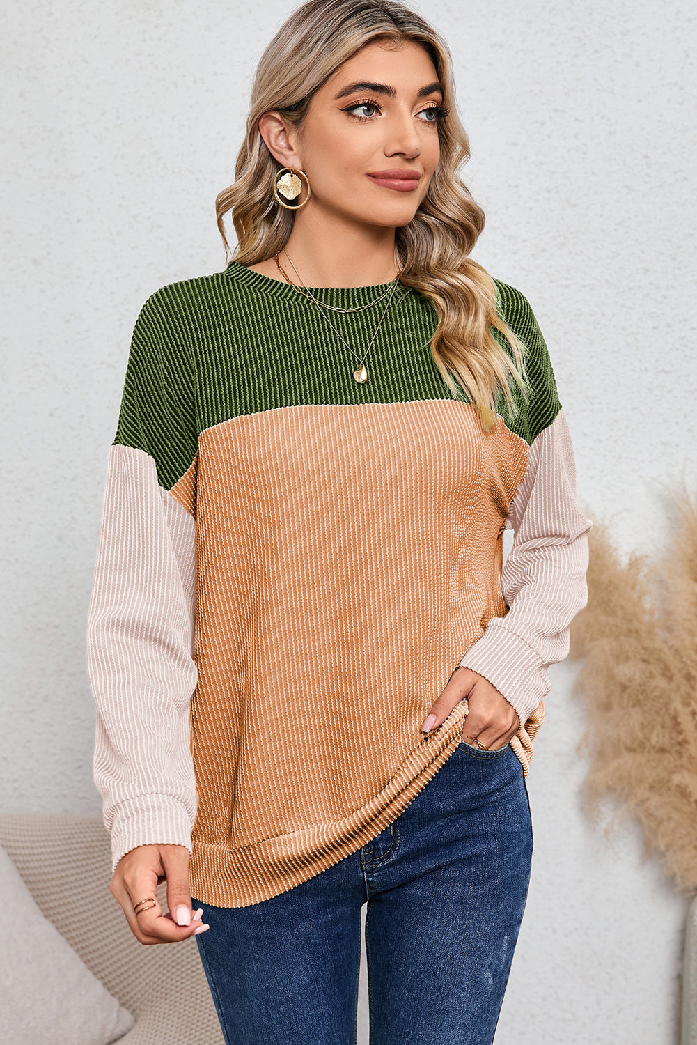 Black Ribbed Color Block Long Sleeve Top