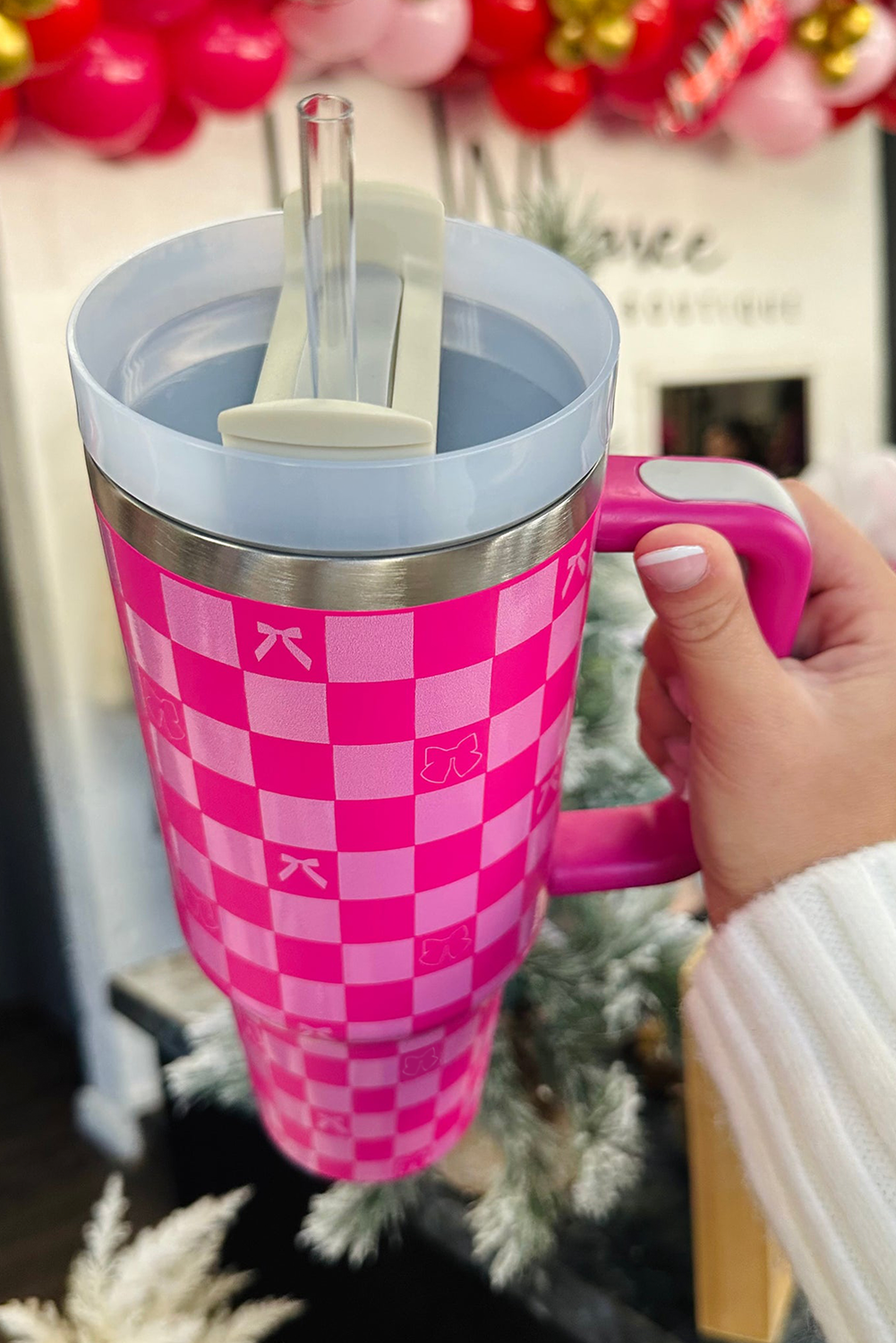 Bright Pink Checkered Bow Print Tumbler Cup