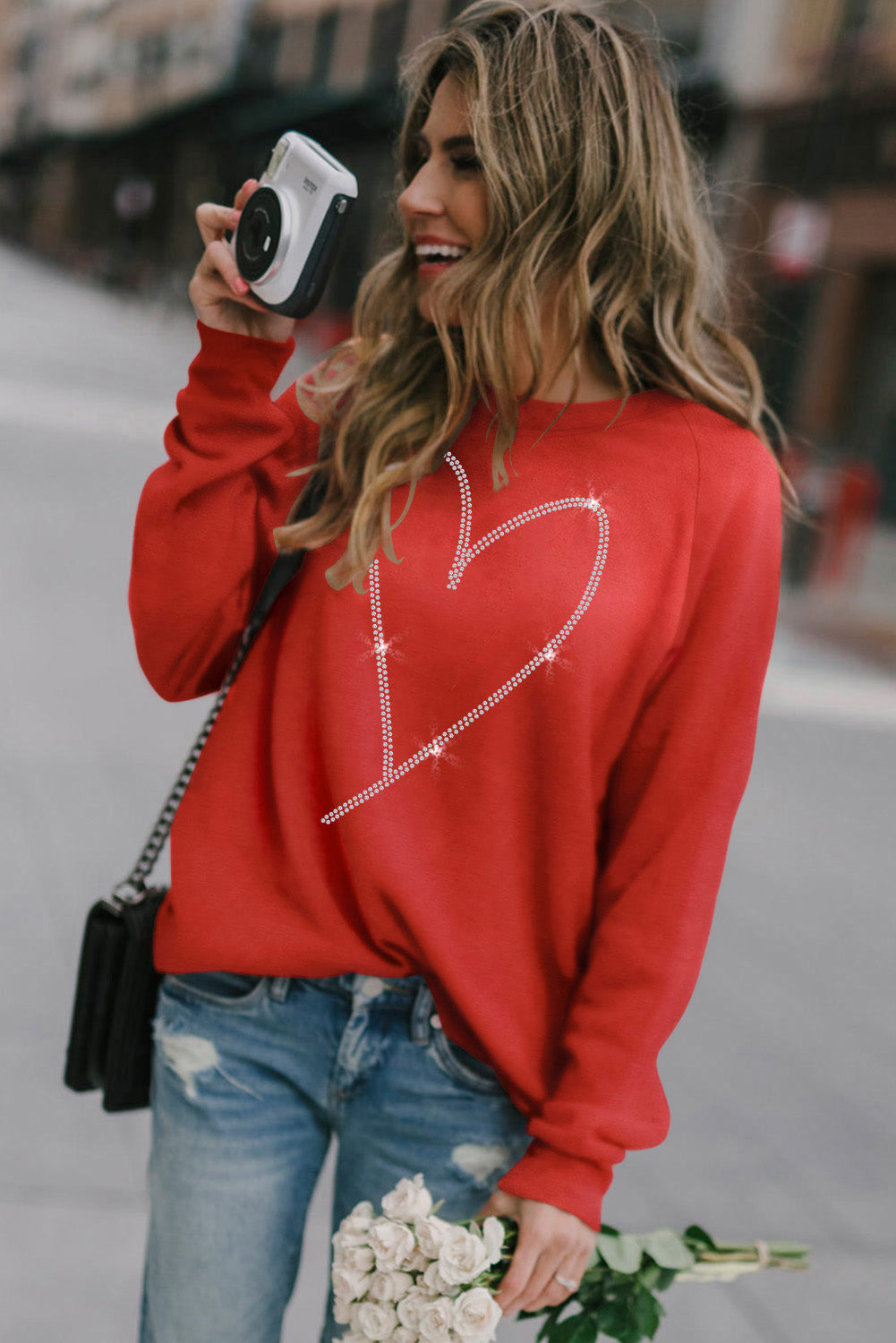 Red Casual Rhinestone Heart Shaped Graphic Sweatshirt