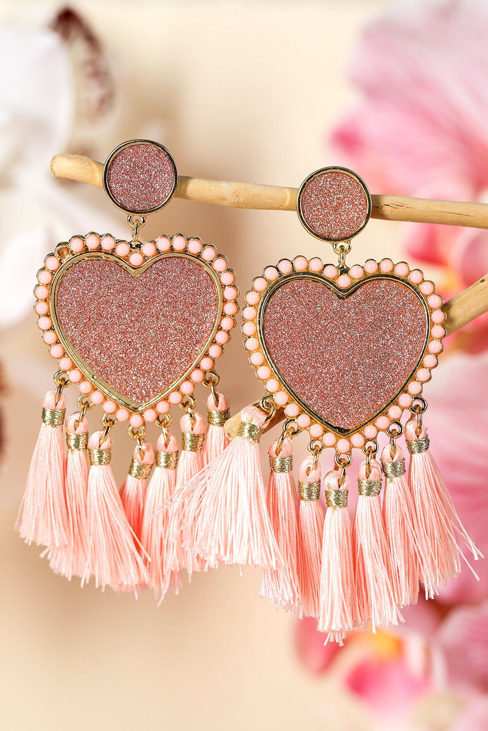 Light Pink Glitter Heart Shaped Tassel Valentine Earrings