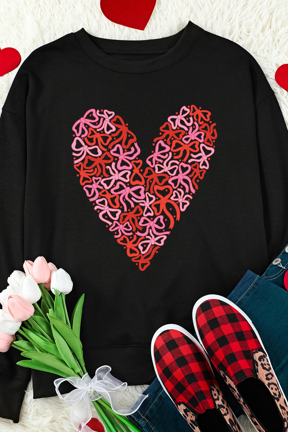 Black Bowknot Heart Printed Crewneck Valentines Sweatshirt