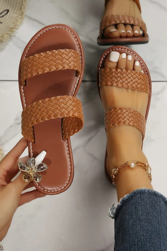 Chestnut Braided Double Band Leather Flat Slides Shoes