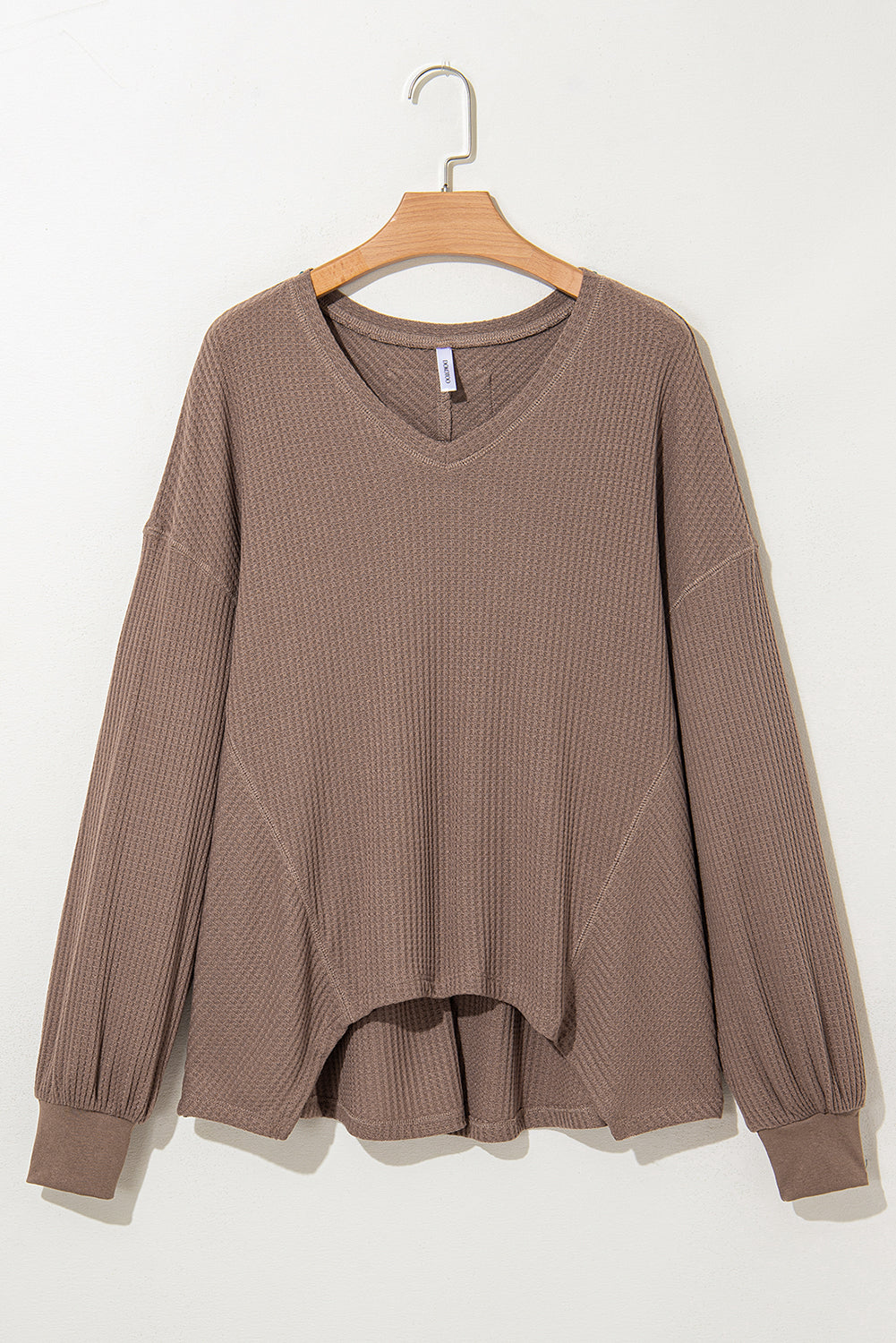 Coffee Waffle V Neck Drop Shoulder Loose Top