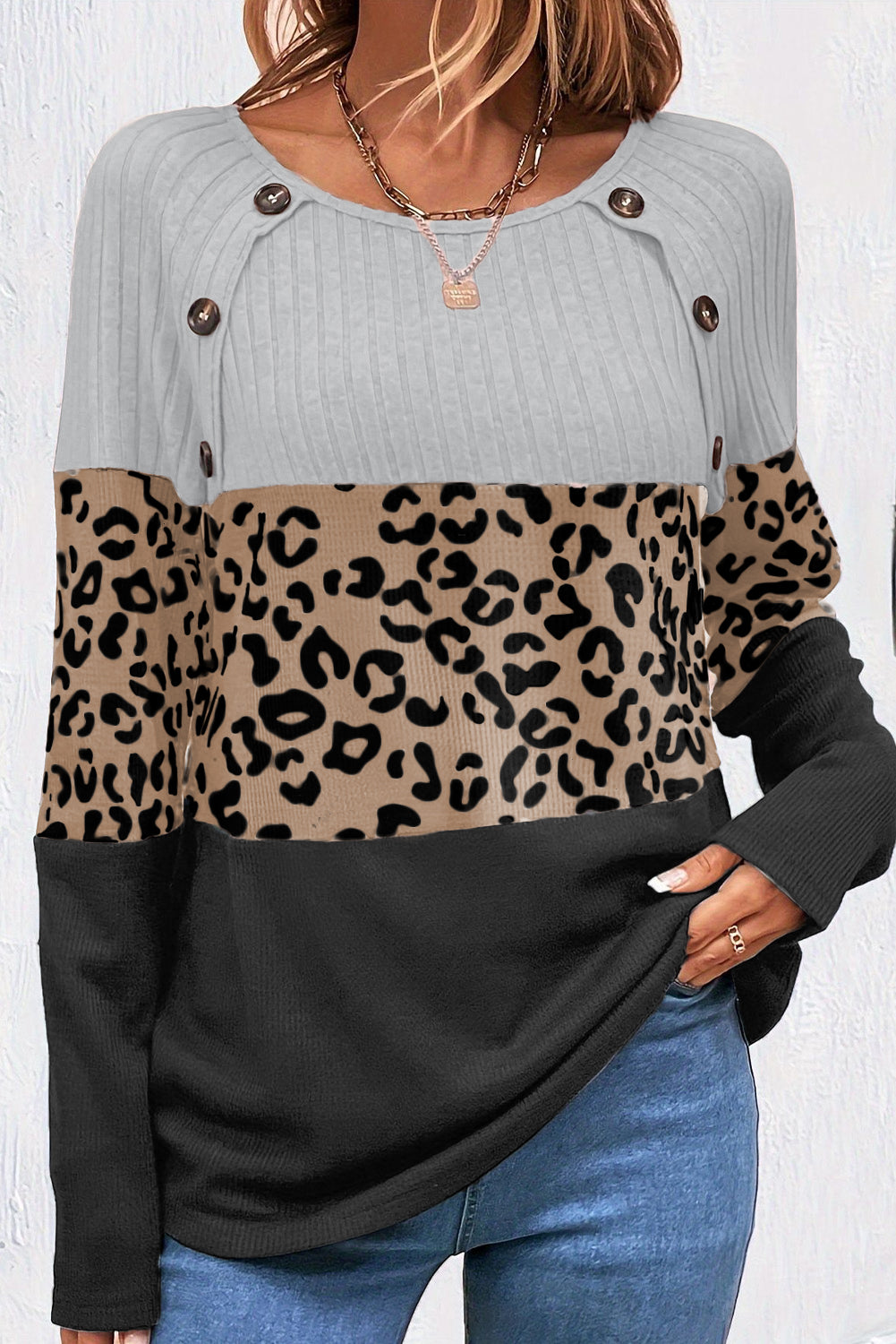 Gray Leopard Textured Patchwork Button Decor Round Neck Top