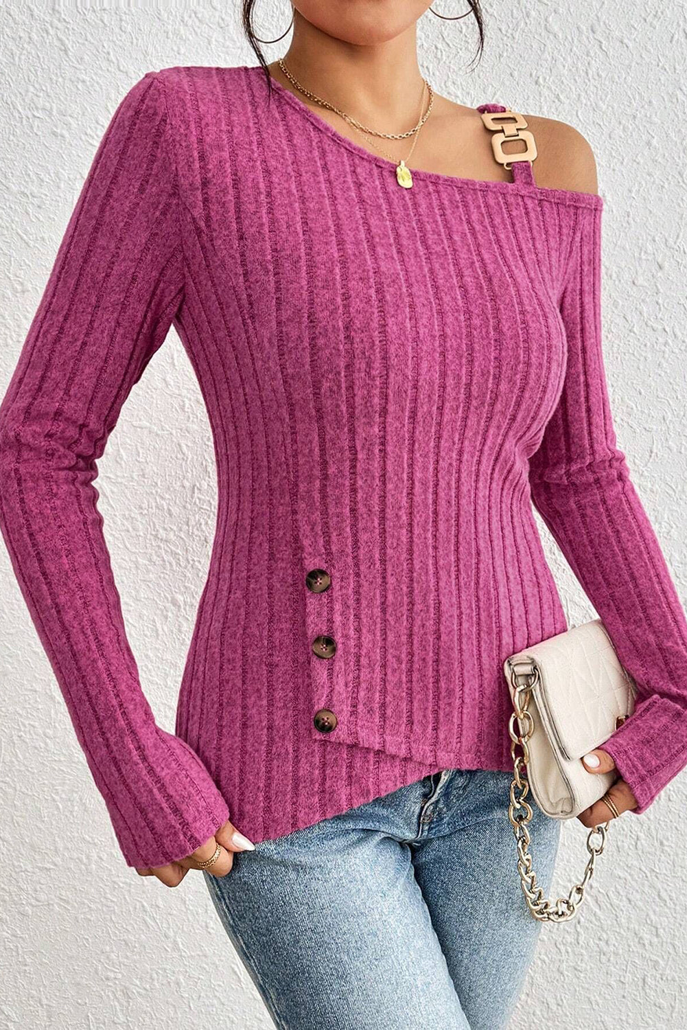 Bright Pink Solid Color Off Shoulder Asymmetrical Hem Long Sleeve Top