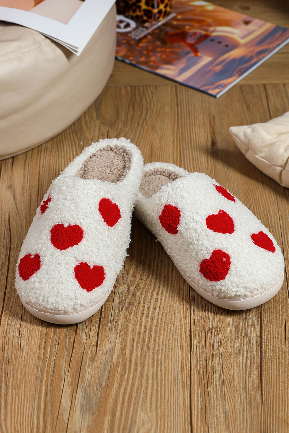 White Valentines Day Hearts Print Plush Slippers