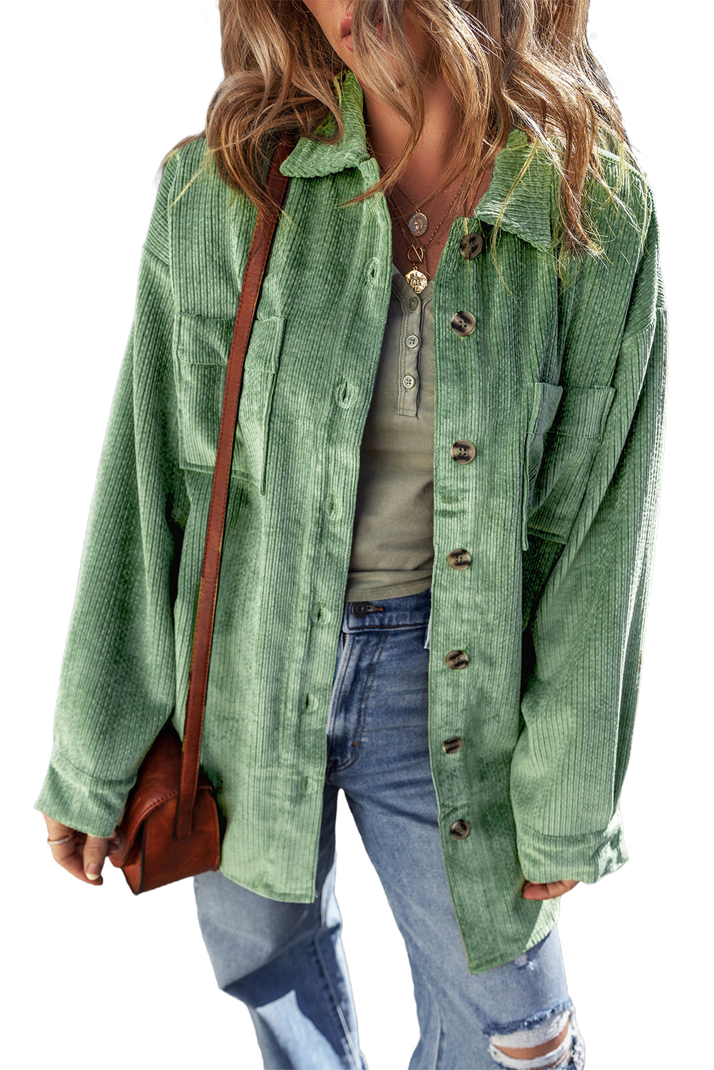 Mist Green Patched Pocket Button-Up Corduroy Shacket