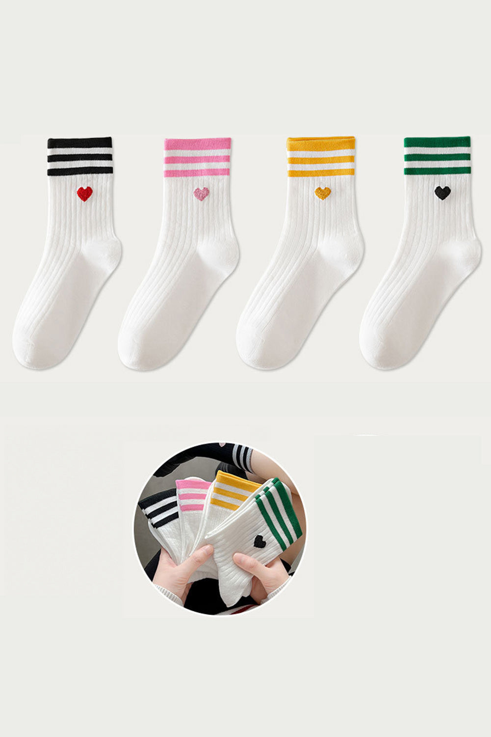 White Heart Striped Cotton Crew Socks 4pcs