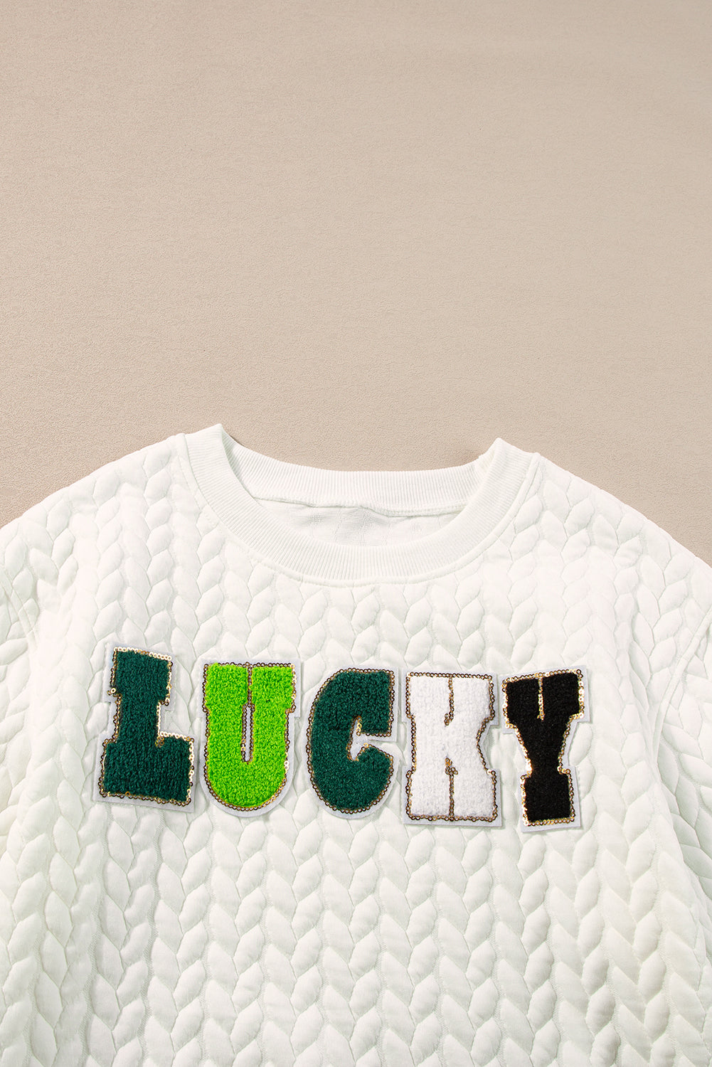 White XOXO Chenille Letter Patch Quilted Sweatshirt